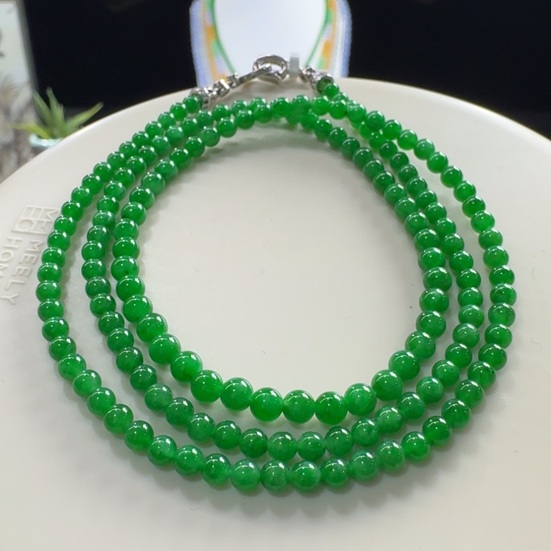 翡翠未镶嵌手链行家货！冰胶浓正阳绿3.5-4.3mm