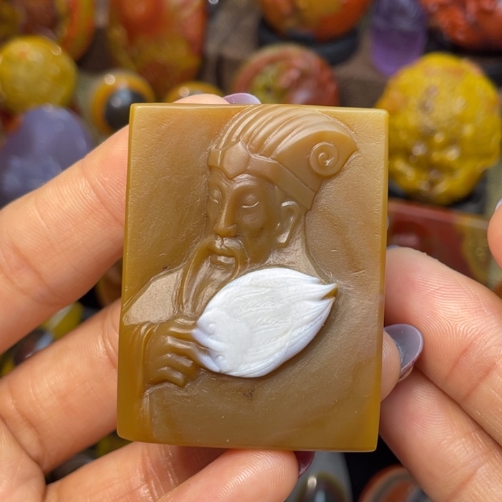 玛瑙/玉髓足银镶嵌珠宝奇石宣化北山平安无事牌诸葛亮