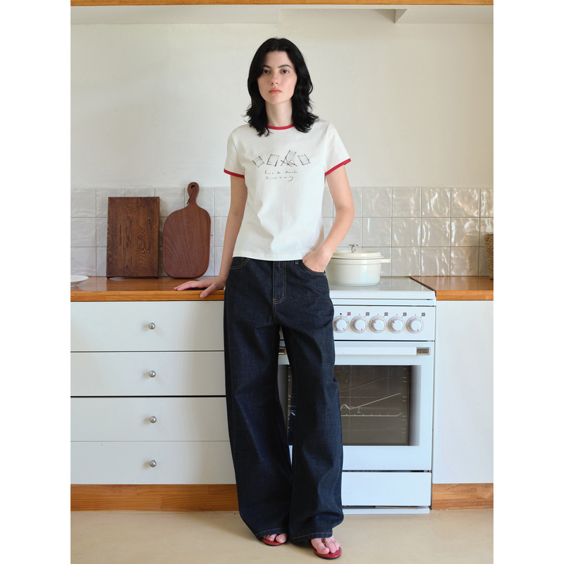 EVISTUB 'Praia da Marinha'夏日沙滩手绘印花撞色滚边短袖T恤女