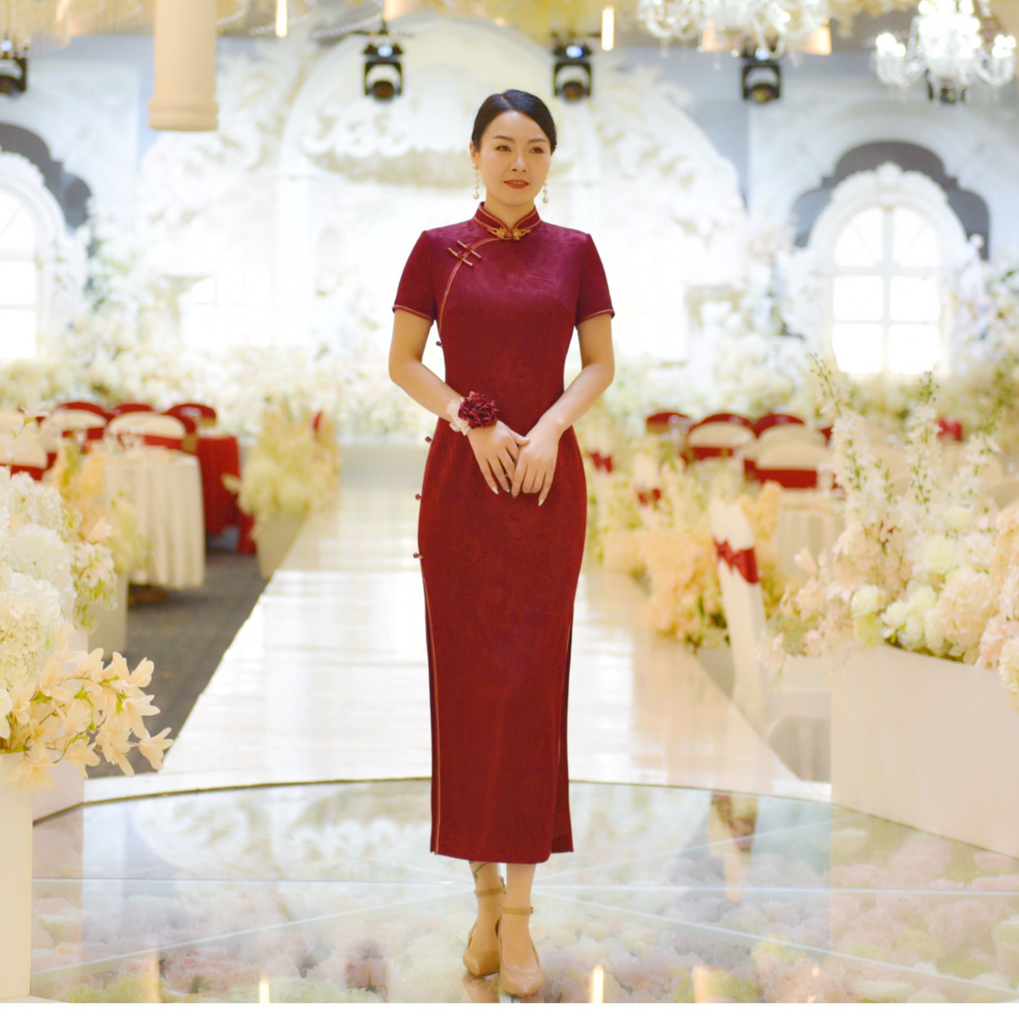 欧妃媛喜妈妈旗袍24009复古礼服红色气质中长款显瘦网红醋酸