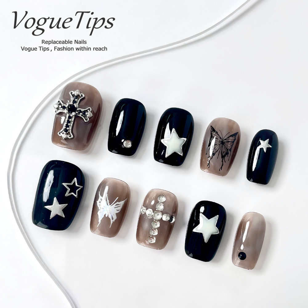 VogueTips 黑幻星蝶穿戴甲万圣节高品质手工指甲贴片短芭蕾ZB641