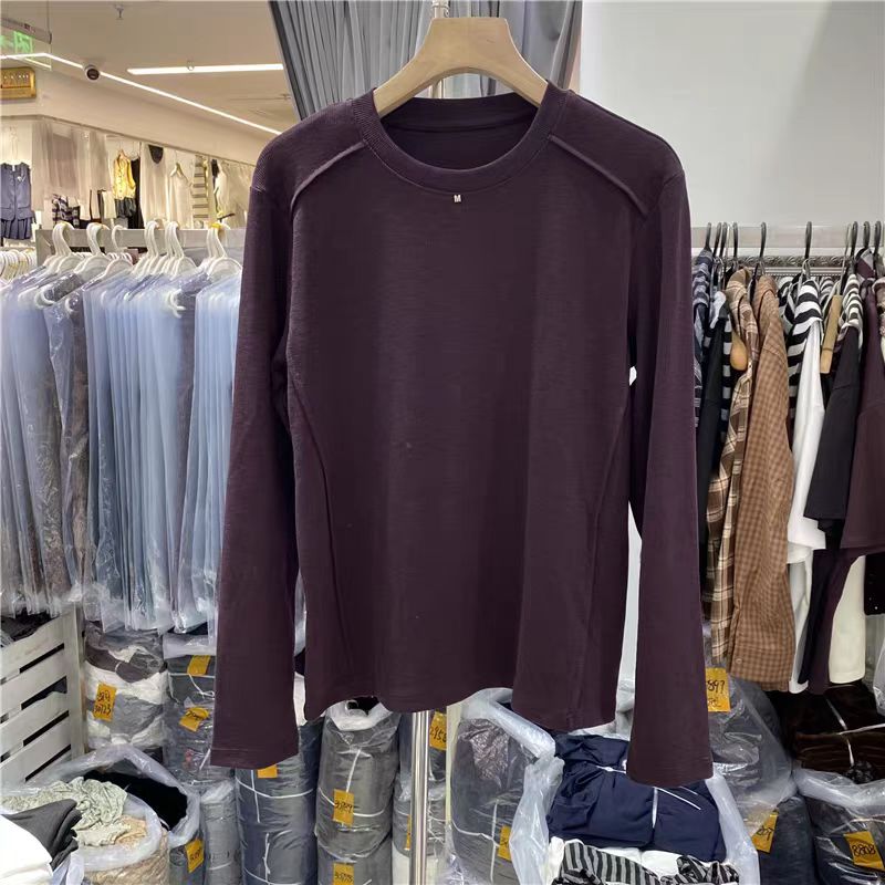 长袖简约圆领常规款老钱风T恤百搭女士时尚套头打底衫女装8959