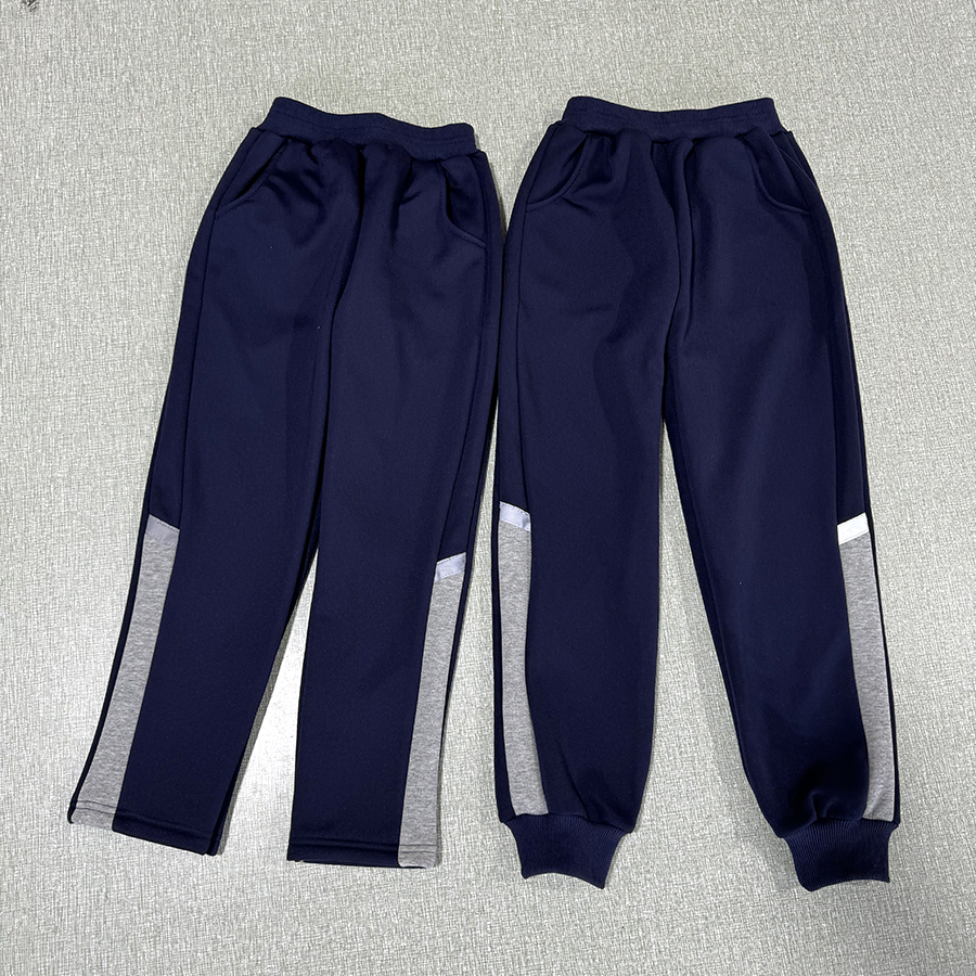 荣成小学生冬季加绒保暖校服裤子藏青色拼接灰色休闲男女定制校服