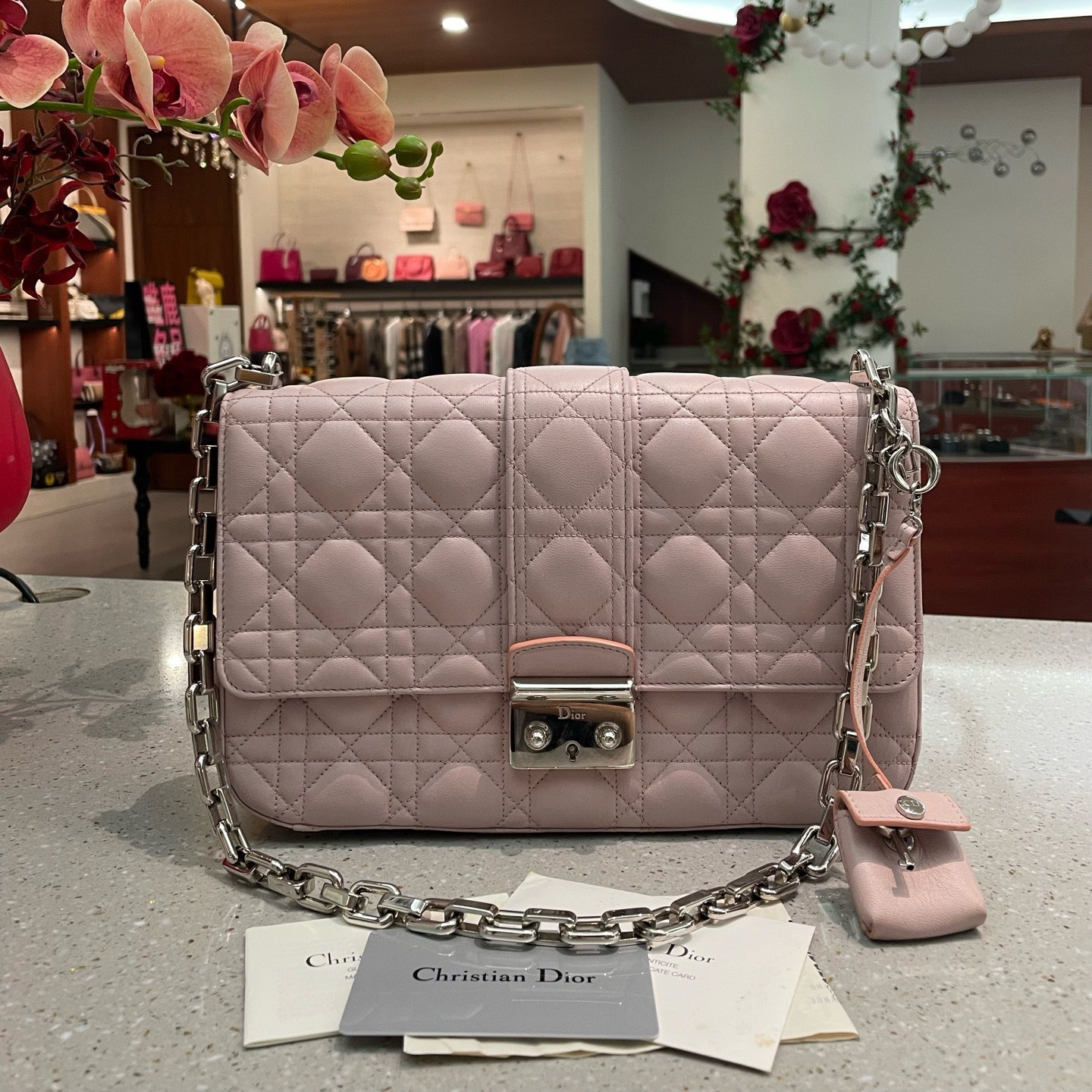 95新 DIOR/迪奥 Miss粉色菱格链条包