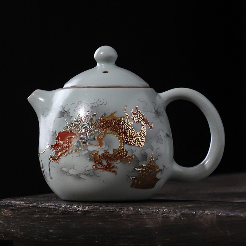 【小魏上新】汝窑龙腾天下龙蛋壶高档天青色开片陶瓷茶壶中式茶具HF