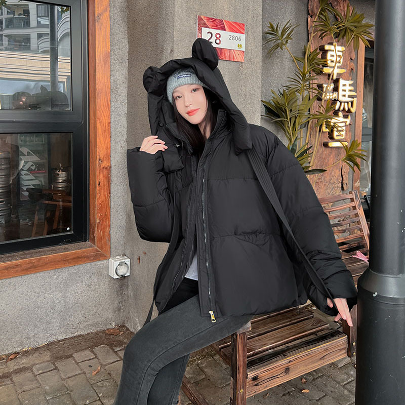 小熊耳朵加厚保暖连帽小个子棉服外套女宽松大码面包服外套女百搭