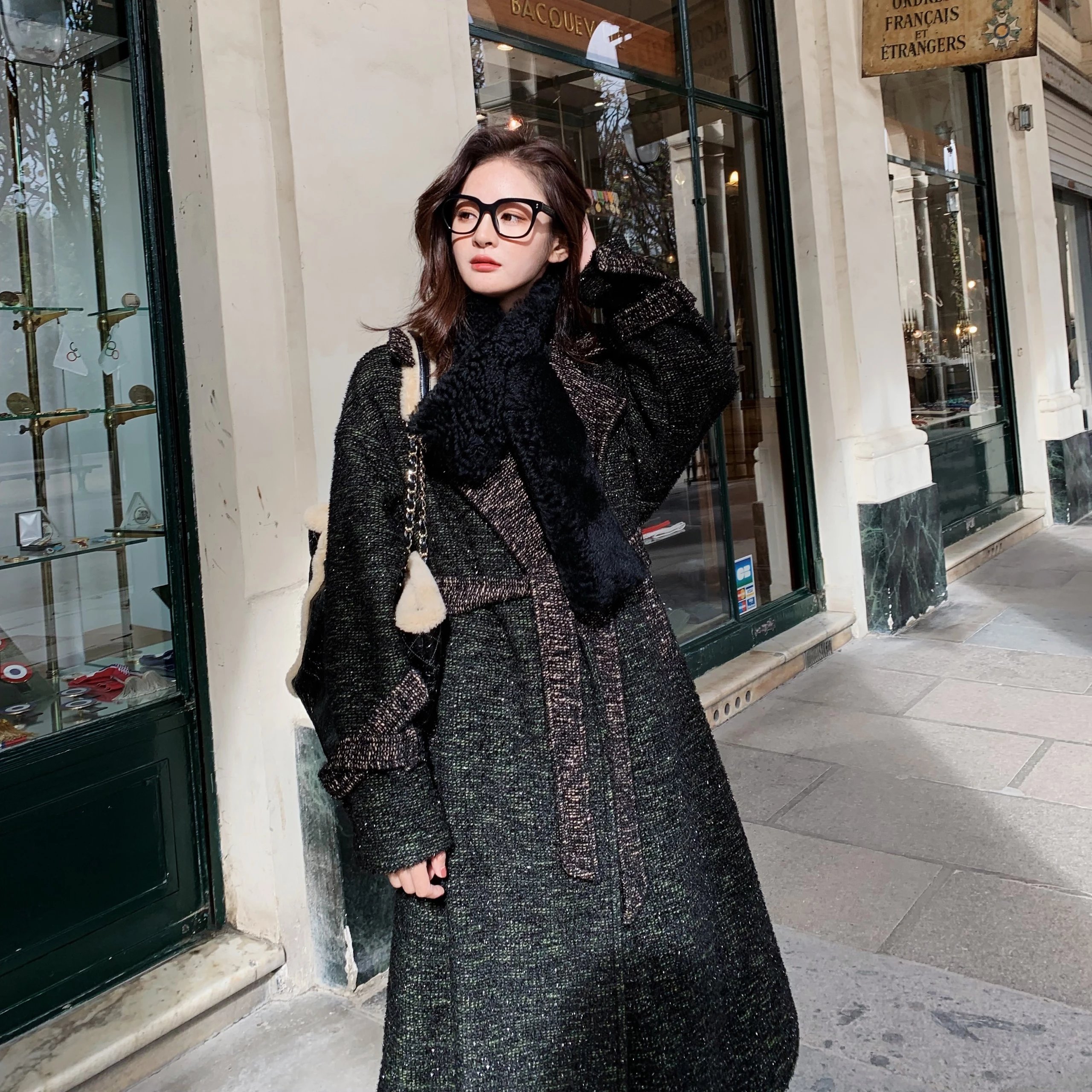 极光星空绿亮丝长大衣小香风显瘦气质黑色法式收腰名媛春秋