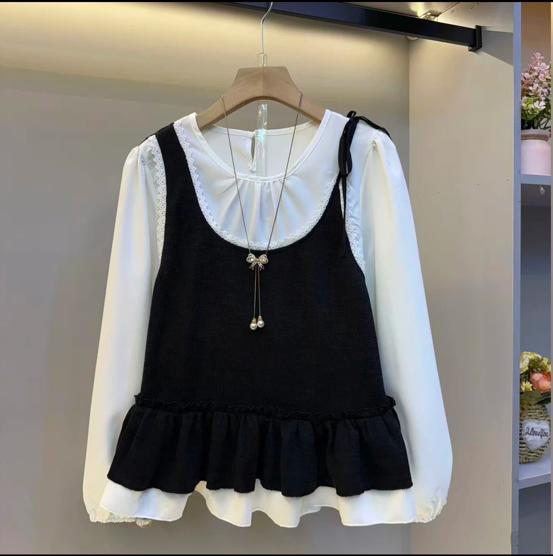 法式复古假两件长袖衬衫女2025秋冬季大码胖mm韩系减龄娃娃衫上衣