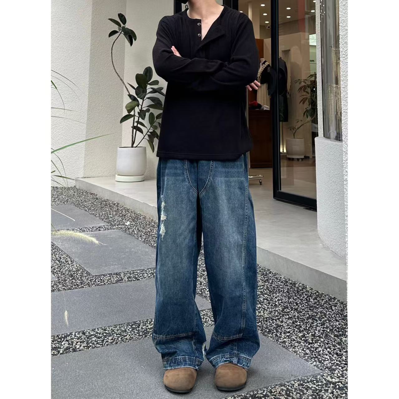 怪兽实验室新款休闲复古阔腿24ss绿松石磨破水洗铆钉宽松牛仔裤