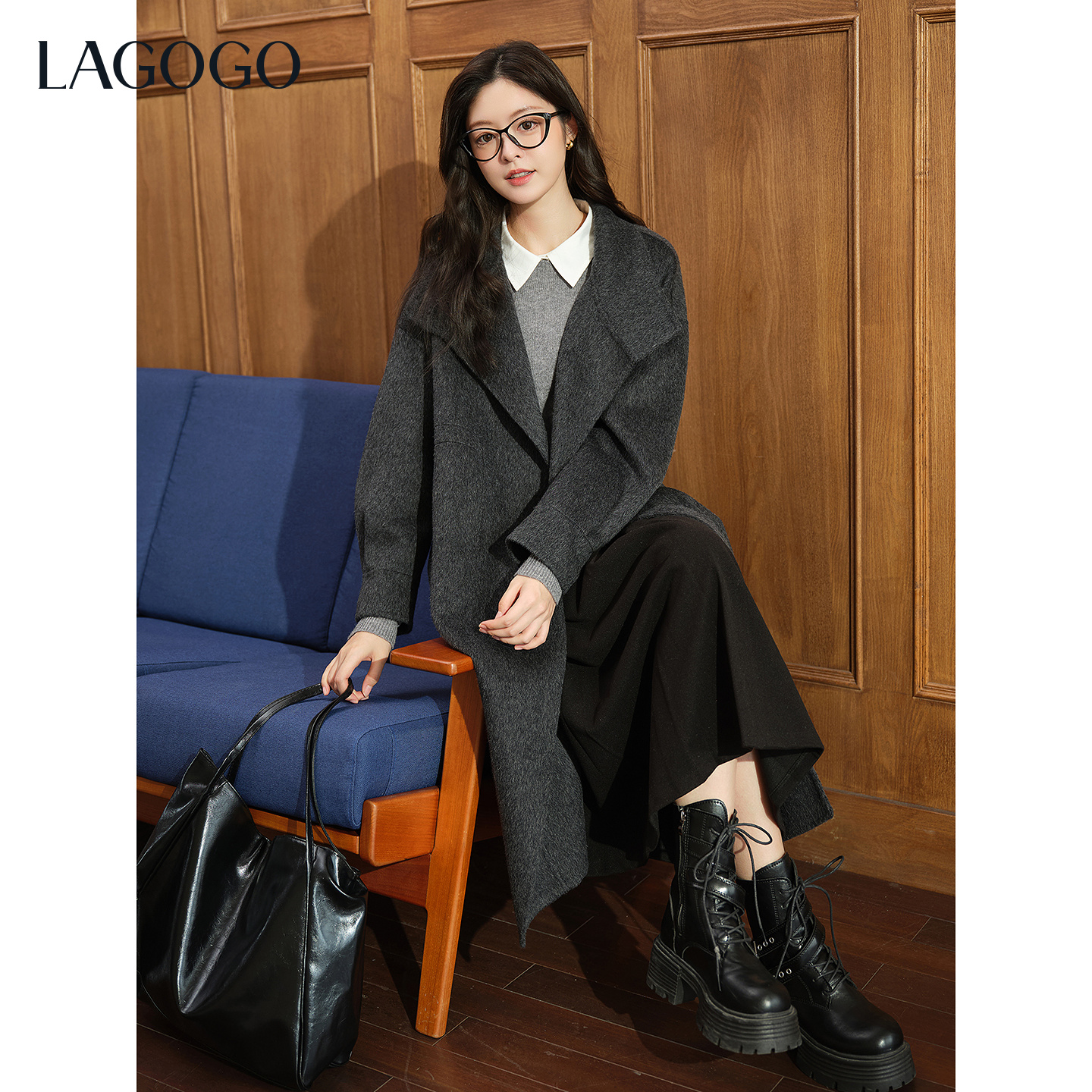 【芋总专属】LAGOGO北欧画报深灰长款大衣女冬新款OCDD23XG10