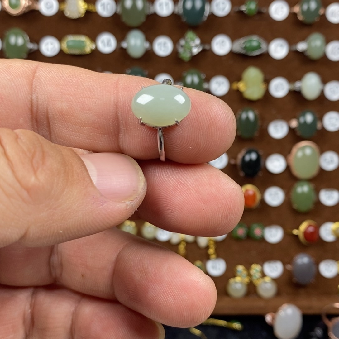 和田玉（青白玉）戒指银S925镀金镶嵌