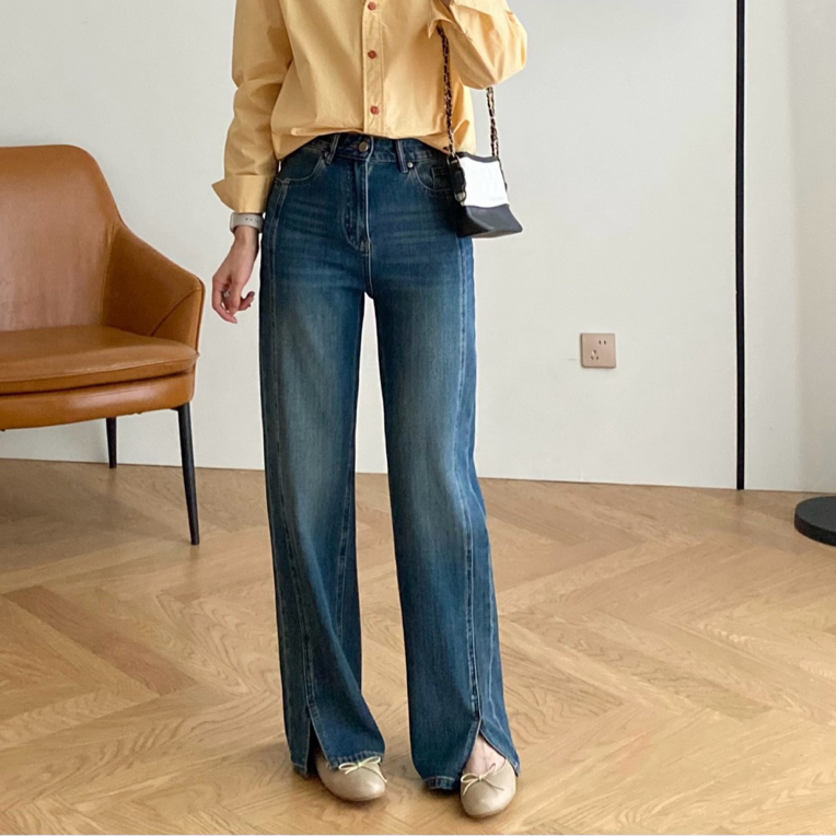 四面弹气质休闲百搭复古前开叉时尚牛仔裤秋冬显瘦