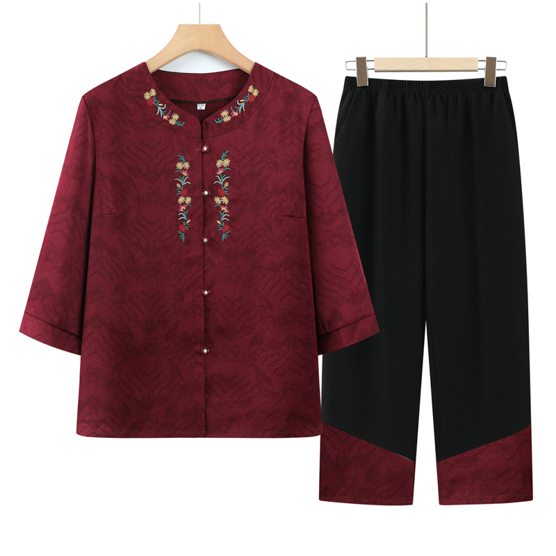 中老年女装奶奶装衬衫中袖夏装两件套老年人妈妈装夏季薄款套装