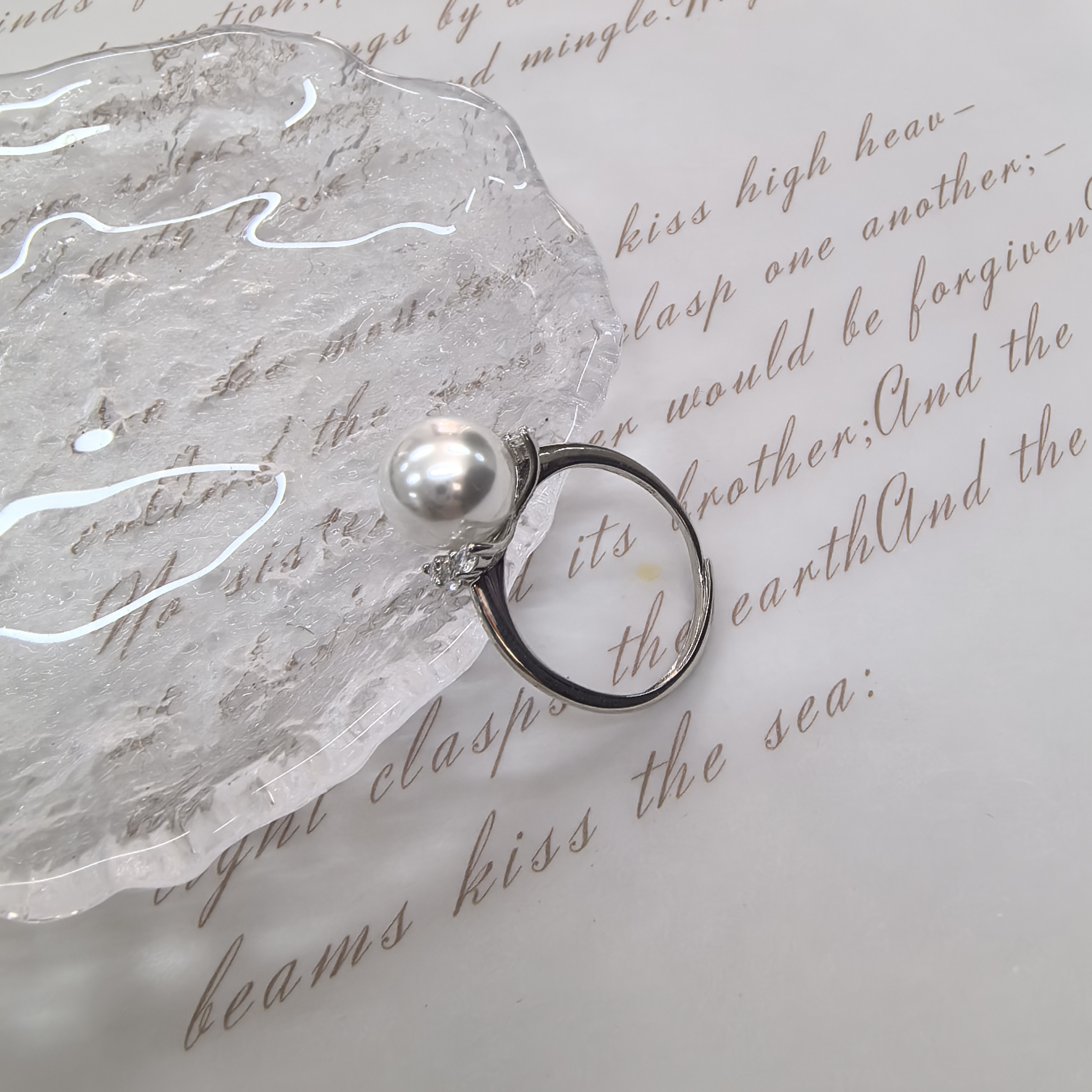 925银仿珍珠戒指 S925银精工简约睫毛贝珠戒指时尚百搭开口空托