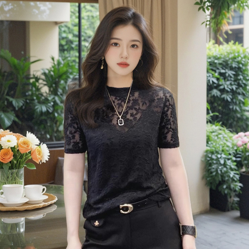 微透性感蕾丝打底衫夏天薄款网纱短袖t恤2025新款纯欲风洋气小衫