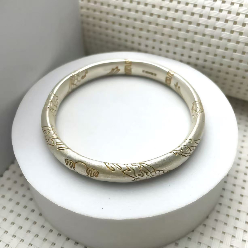 足银手镯 3号 足银999.9 凤舞九天银手镯多福梅花手工古法闭口镯