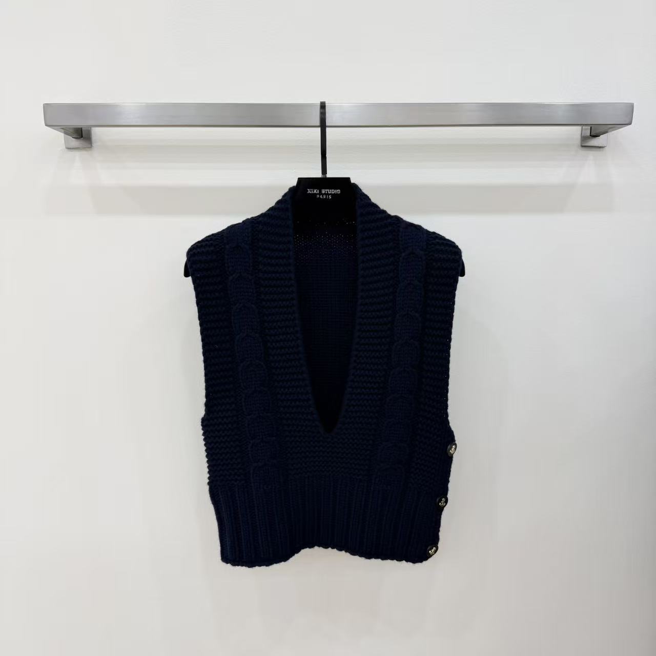  【西西高定】秋冬季复古V领无袖蓝色针织马甲小背心