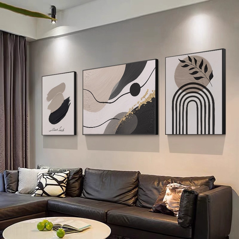黑白灰三联壁画抽象沙发背景墙2025新款装饰画高级感客厅挂画简约