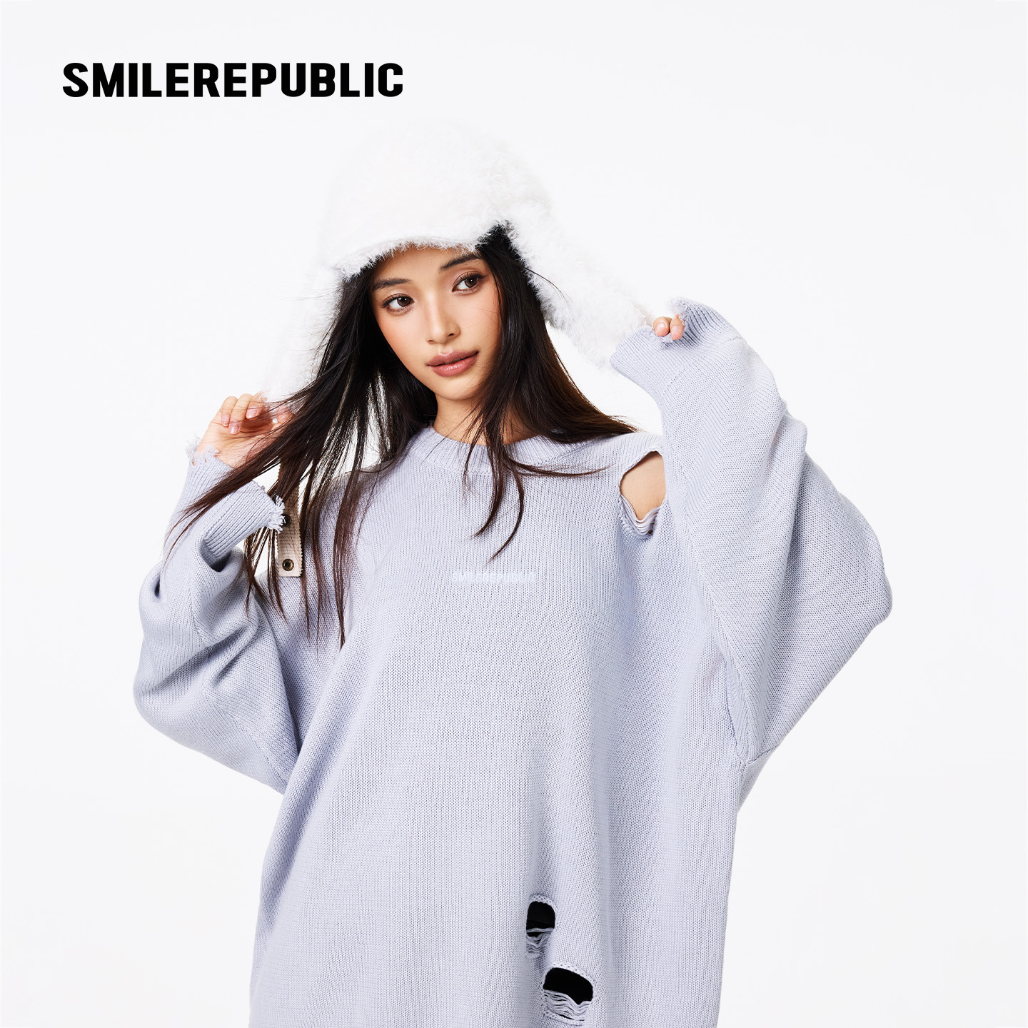 【刘耀文同款】smilerepublic 破洞做旧毛衣长袖设计感宽松上衣