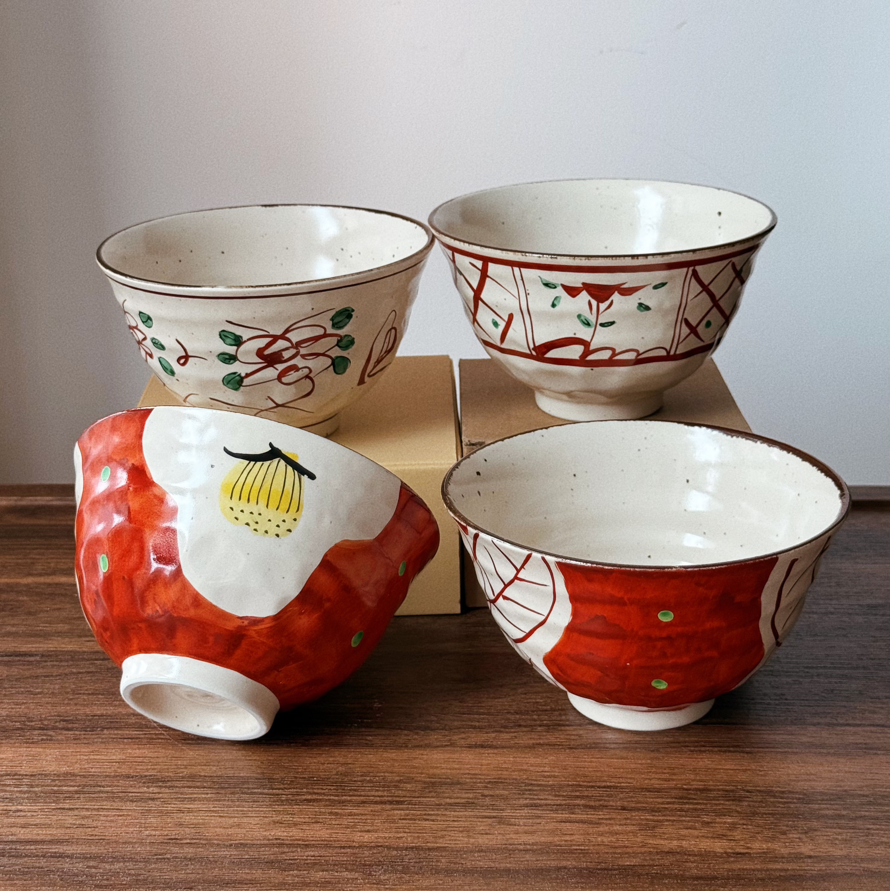 日本进口餐具14.9cm中面碗复古家用赤绘日式陶瓷多用碗菜碗