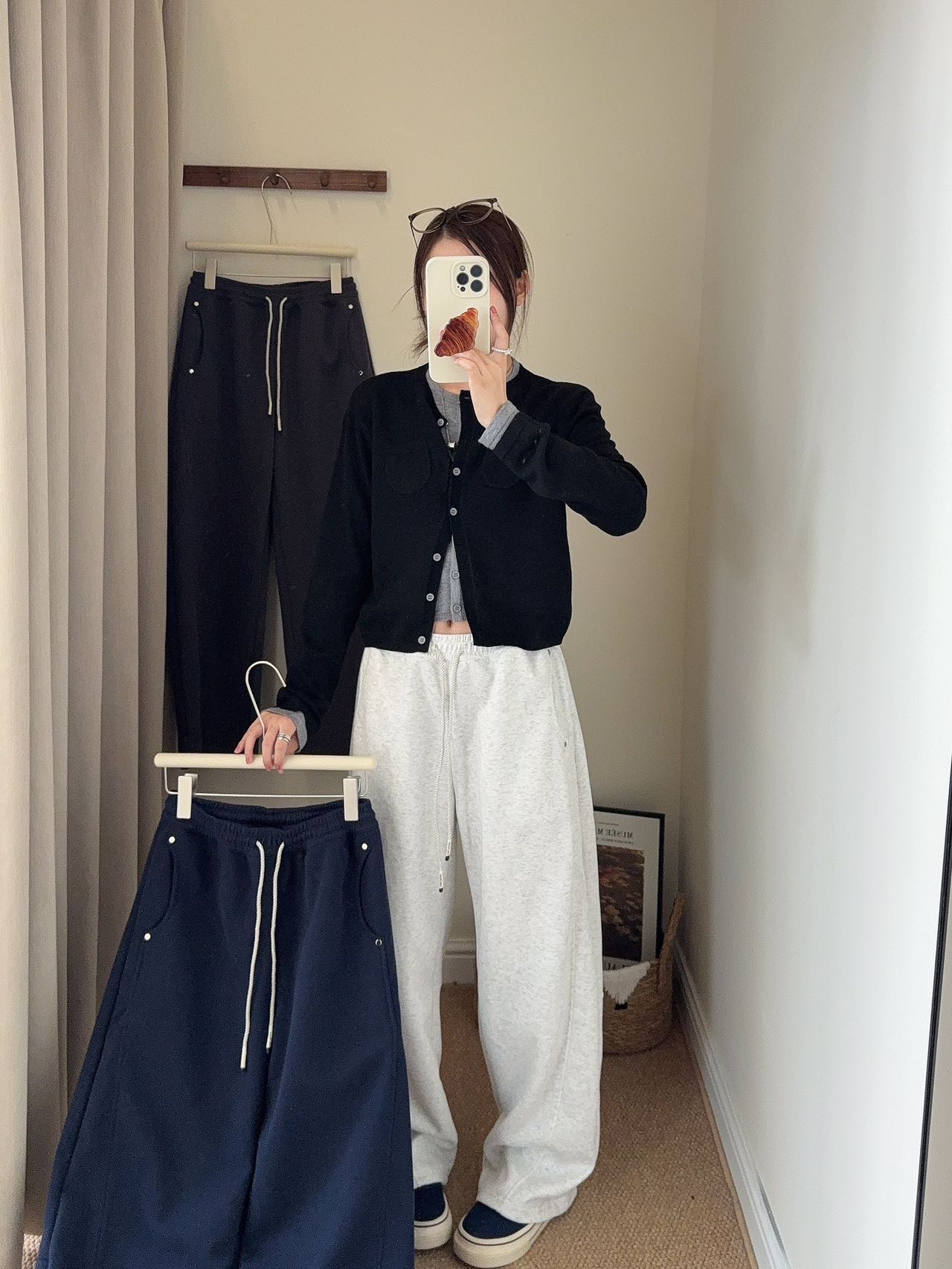 韩代铆钉立体拼接百搭休闲运动高腰时尚宽松弯刀长裤