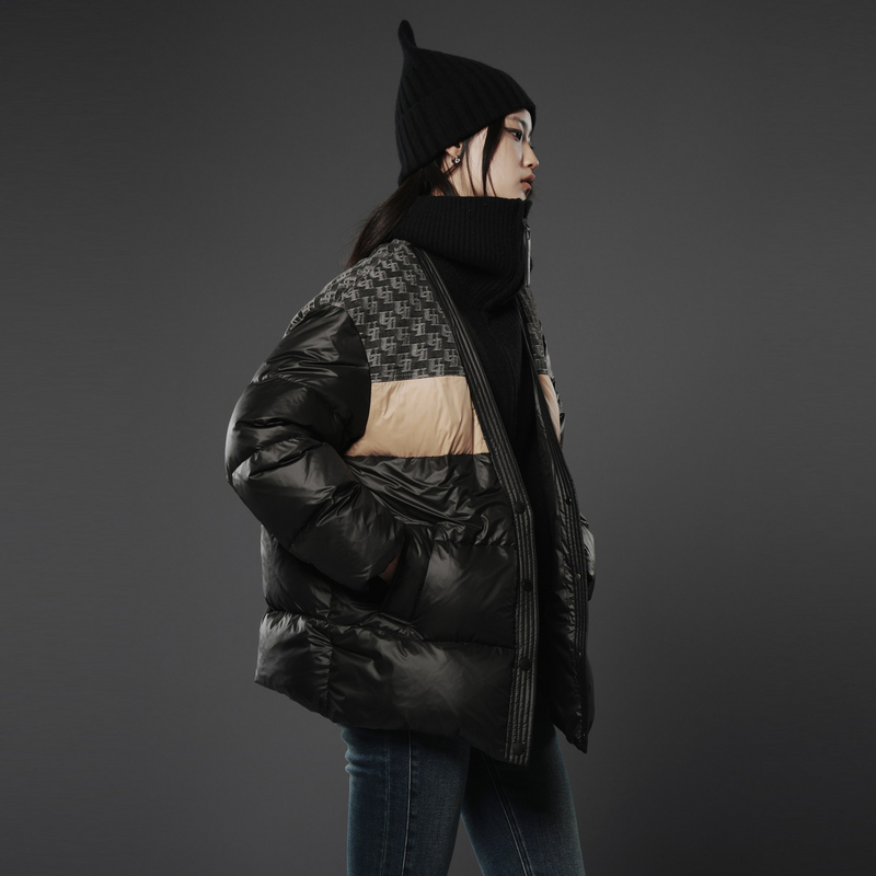 U/TI黑色拼接鸭绒羽绒短款服女设计感可脱卸毛领外套