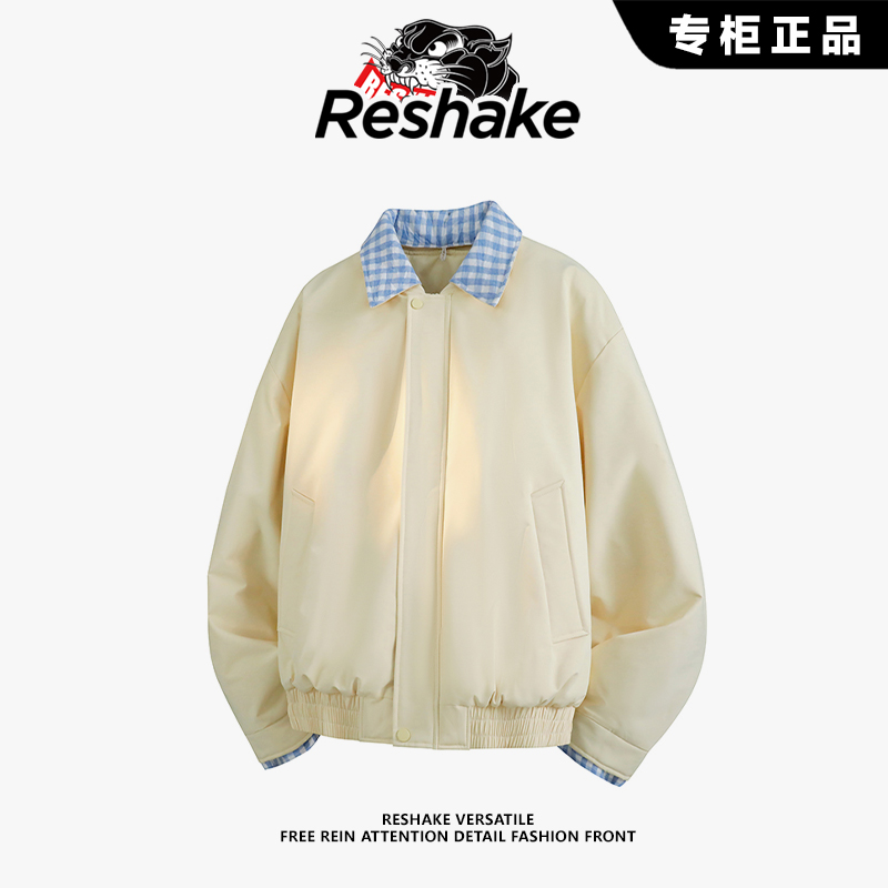 RESHAKE格纹假两件棉衣男士秋冬季新款休闲百搭痞帅宽松时尚外套