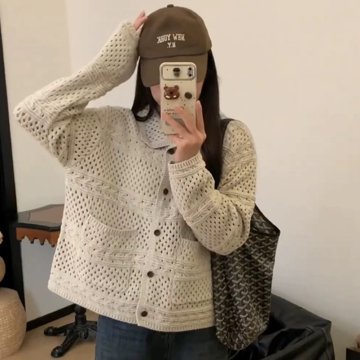 小思 百搭钩花镂空单排扣长袖针织毛衣外套复古秋季宽松