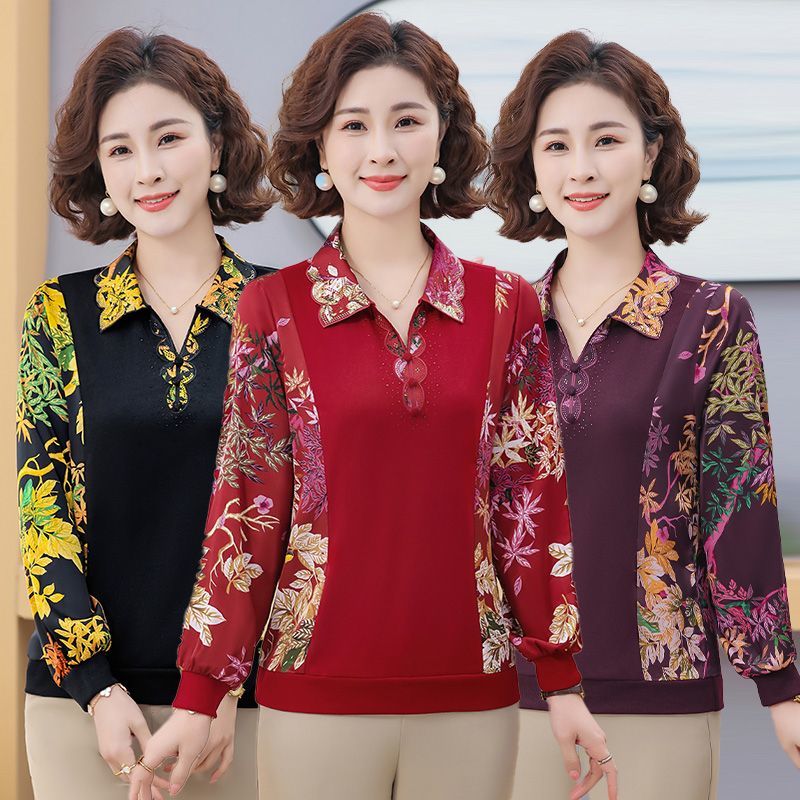 中老年春季新款长袖t恤女宽松时尚印花遮肚子显瘦拼接打底衫