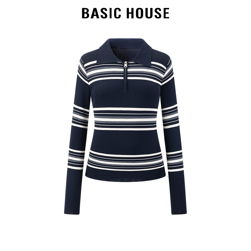 百家好/Basic House翻领拉链半门襟撞色条纹针织衫女修身显瘦上衣