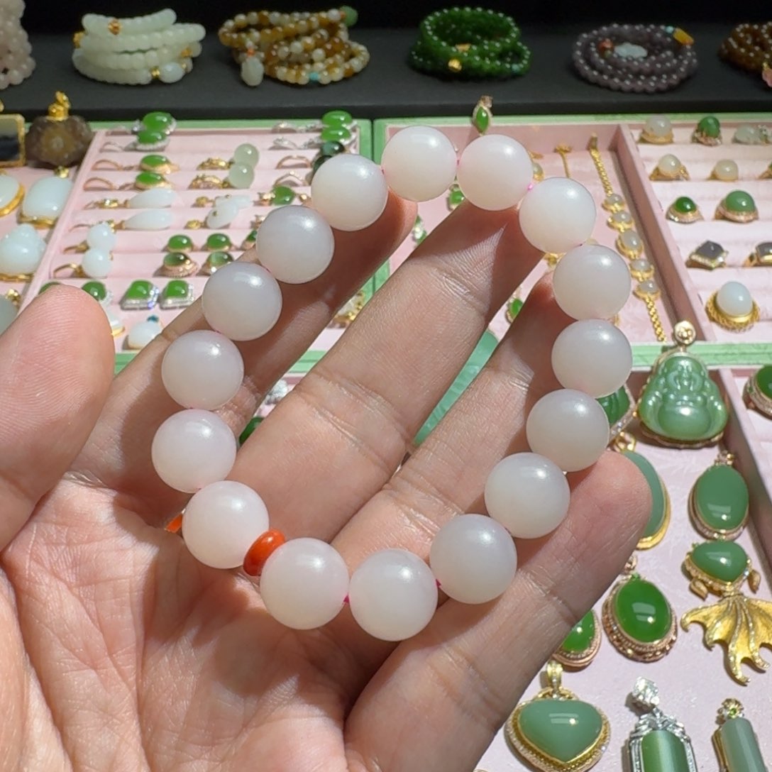 和田玉手链未镶嵌藕粉12mm手链