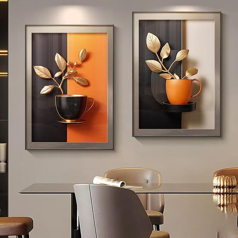 【锦杯金枝】现代轻奢高级感橙色银杏叶餐厅装饰画餐桌边背景墙画
