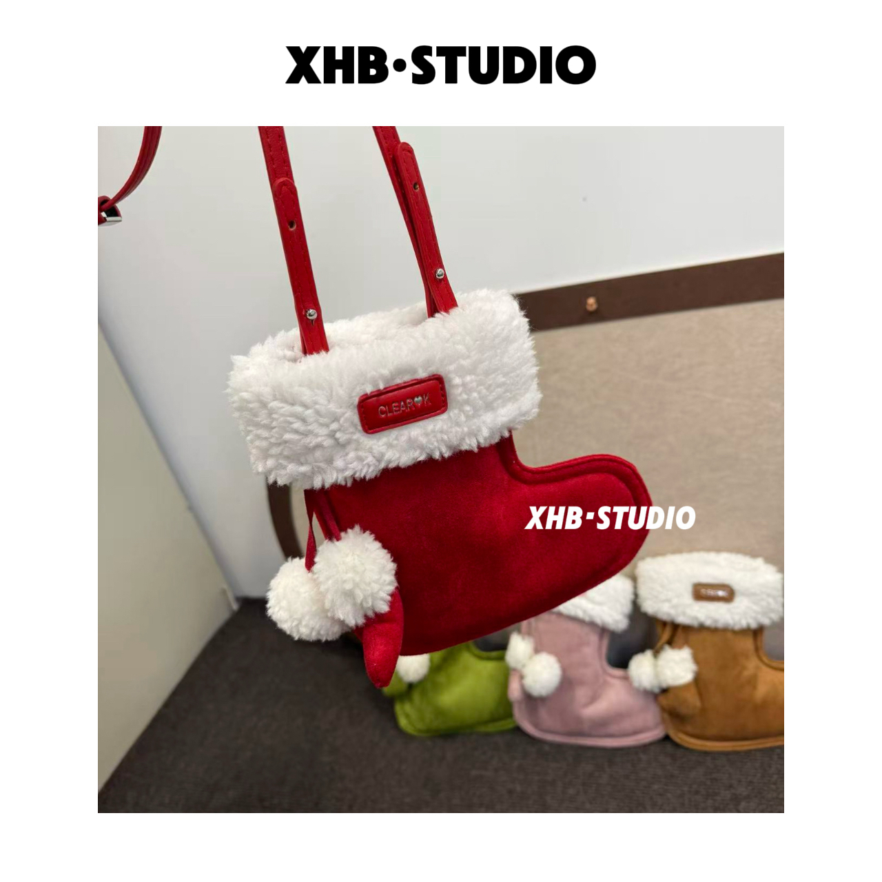 超火毛茸茸圣诞靴子包女2025新款小众少女可爱雪地靴包单肩斜挎包