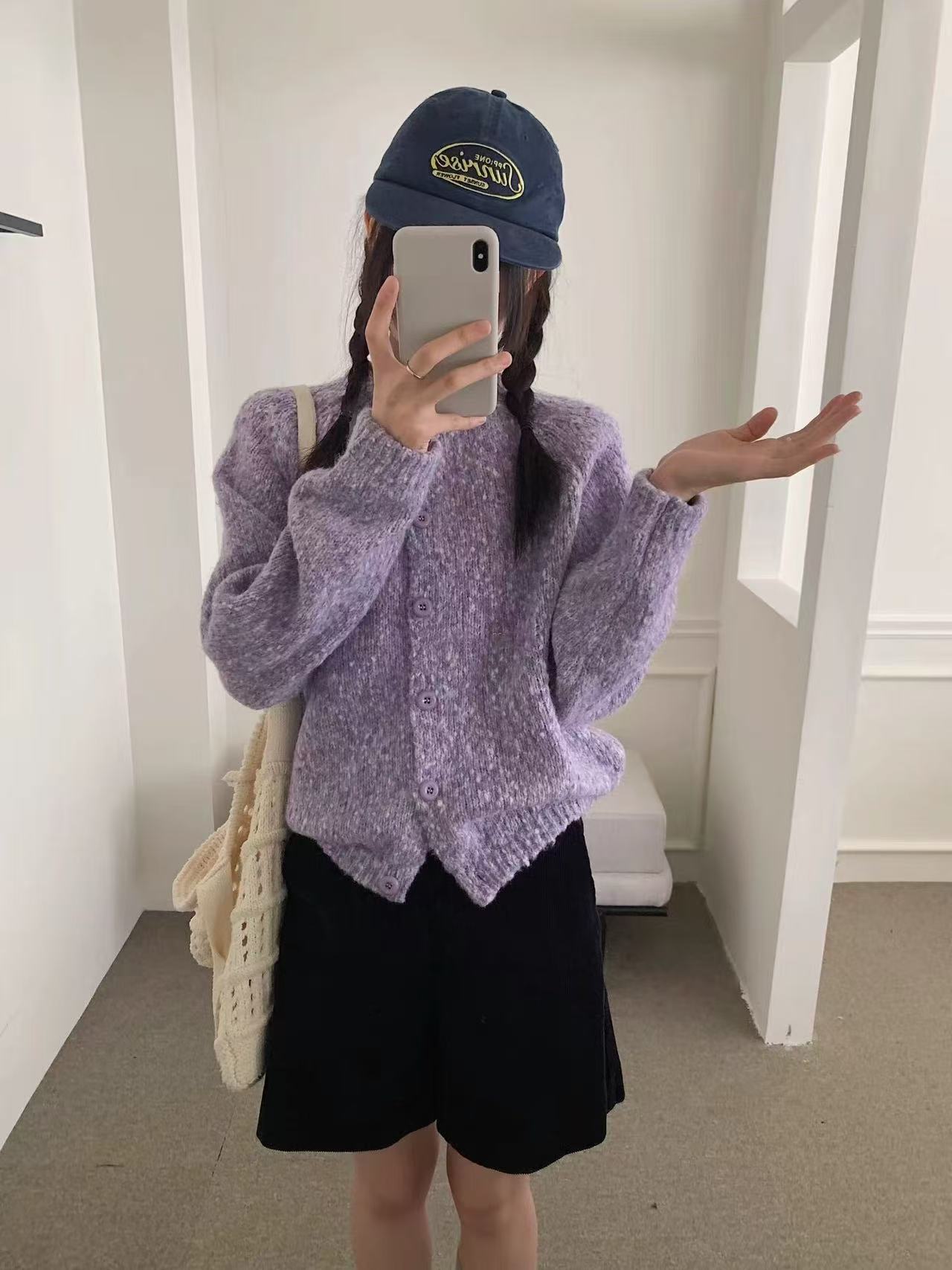 K2091 紫色小珍珠 韩系珍珠纱针织开衫显白女