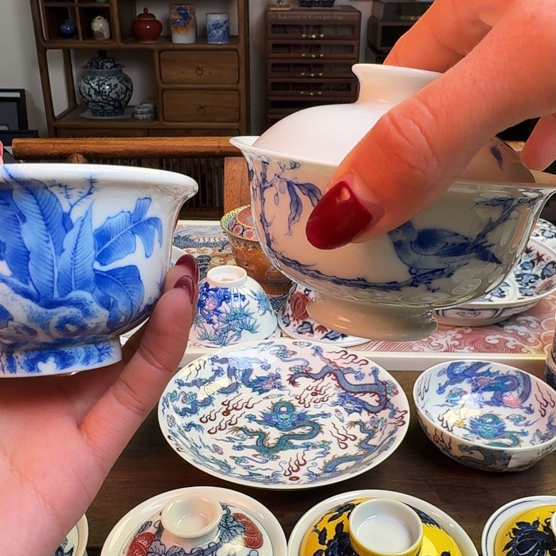 杯重工花鸟盖碗加杯子纯手绘