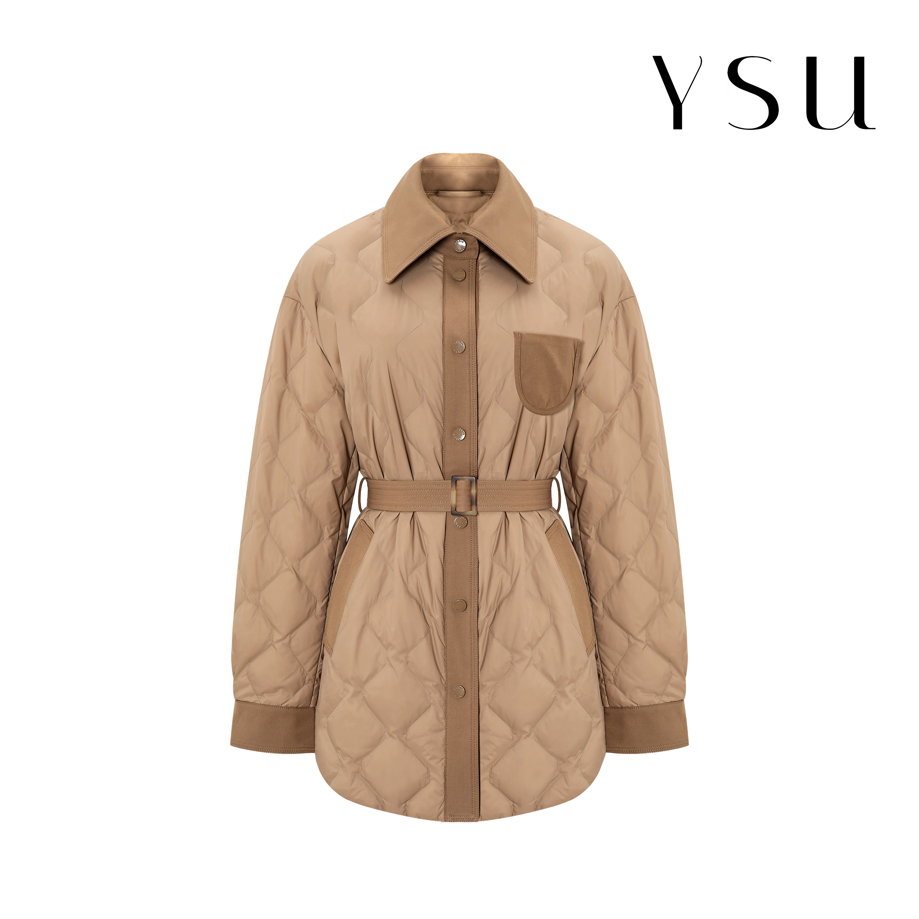 【YSU】菱格纹羽绒服翻领收腰系带中长款气质通勤保暖外套Y304397