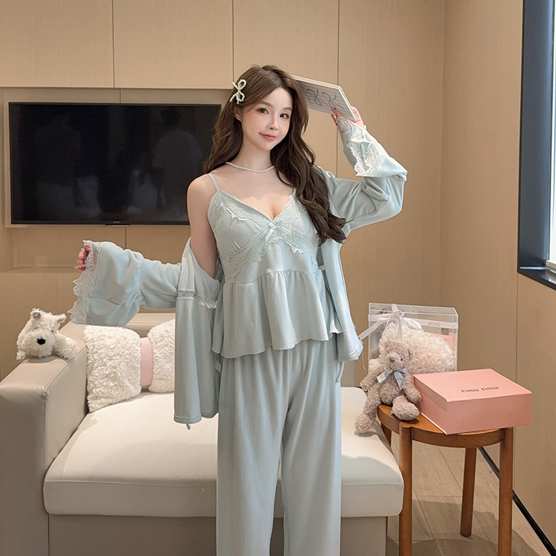 秋冬海岛绒纯欲蕾丝吊带三件套带杯垫长袖睡衣甜美舒适女套装2727