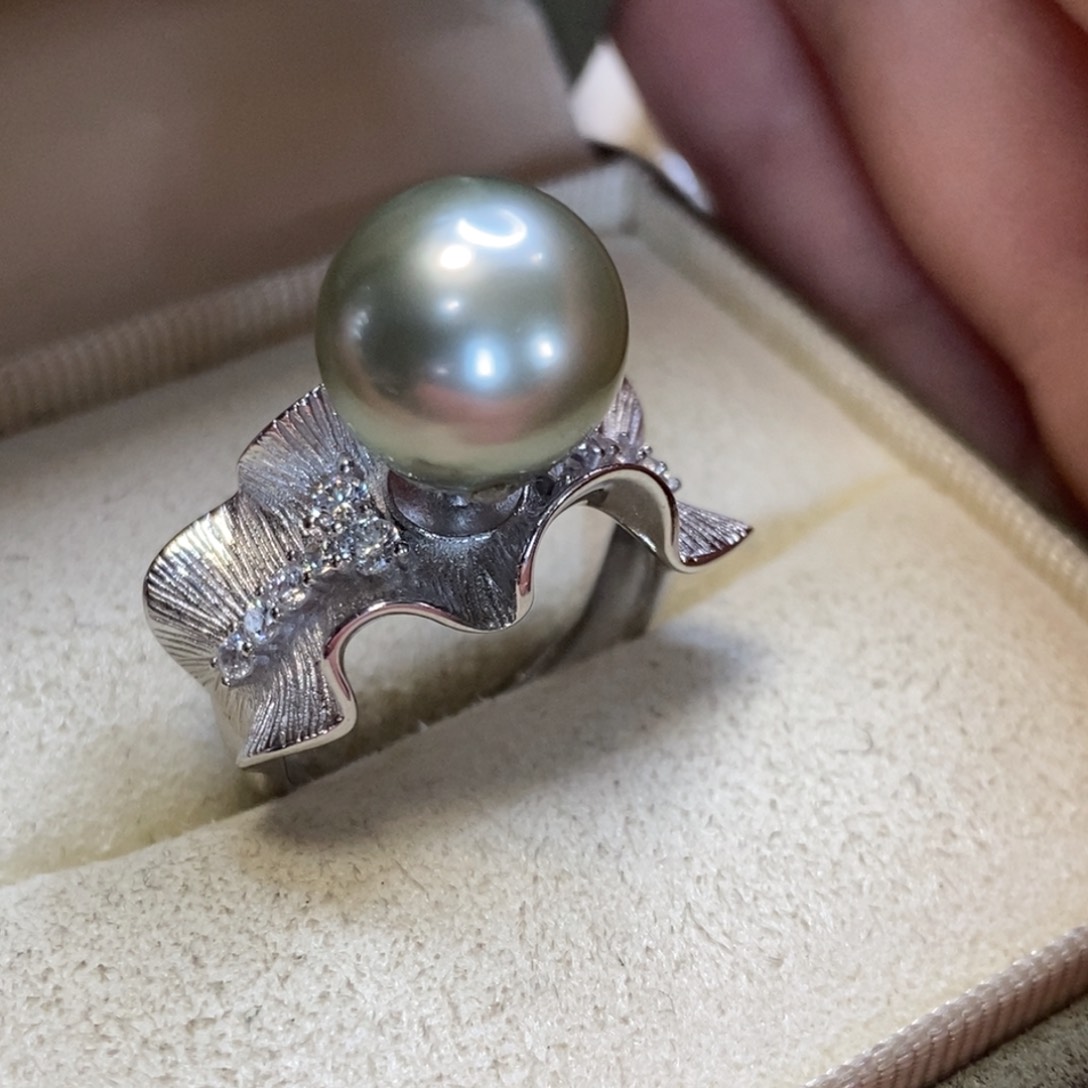 海水珍珠戒圈银S925镶嵌清**垚微瑕