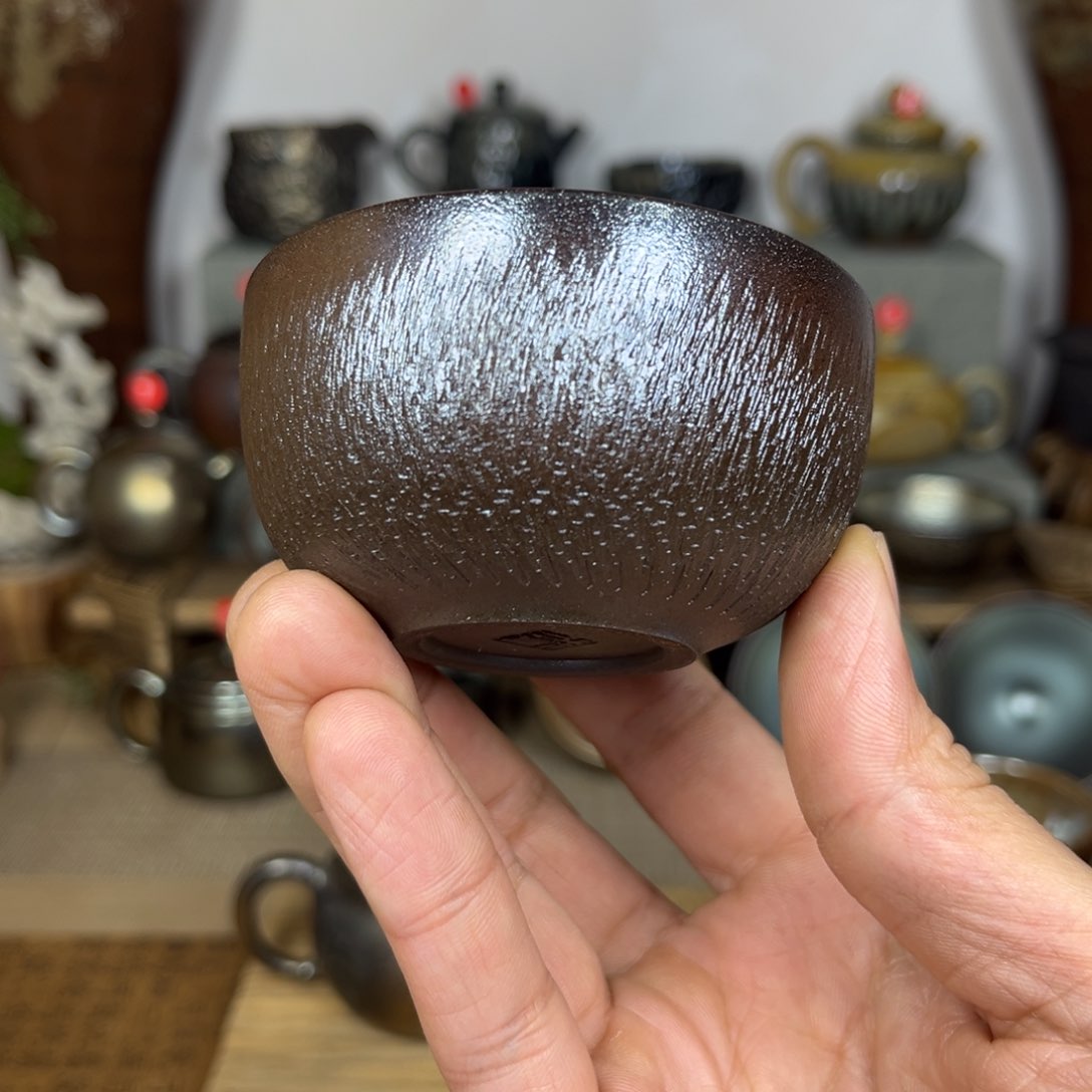 壶建水紫陶紫泥柴烧跳刀纹杯