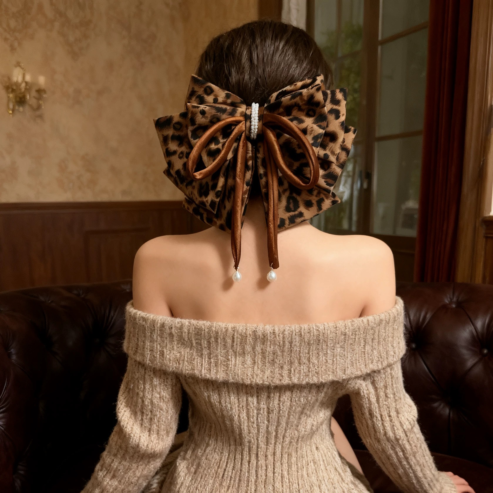 甜酷气质豹纹蝴蝶结弹簧夹超大抓夹原创发饰