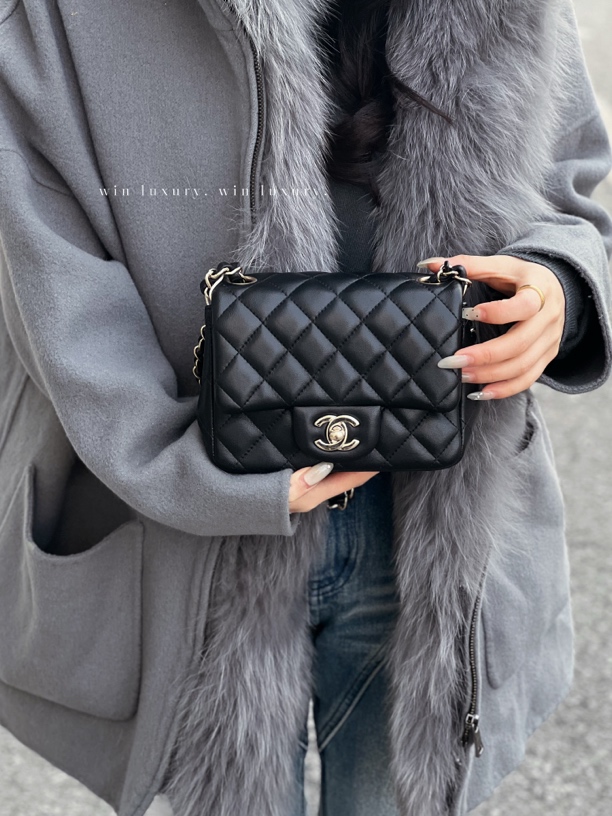 95新 Chanel/香奈儿 香奈儿淡金扣黑金方胖子斜挎包31开有卡