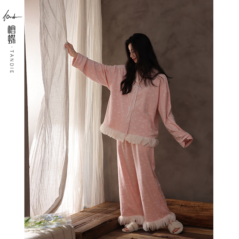 檀蝶【海岛绒】爆款睡衣女款2025新款暗纹提花印烫秋冬季加绒家居服