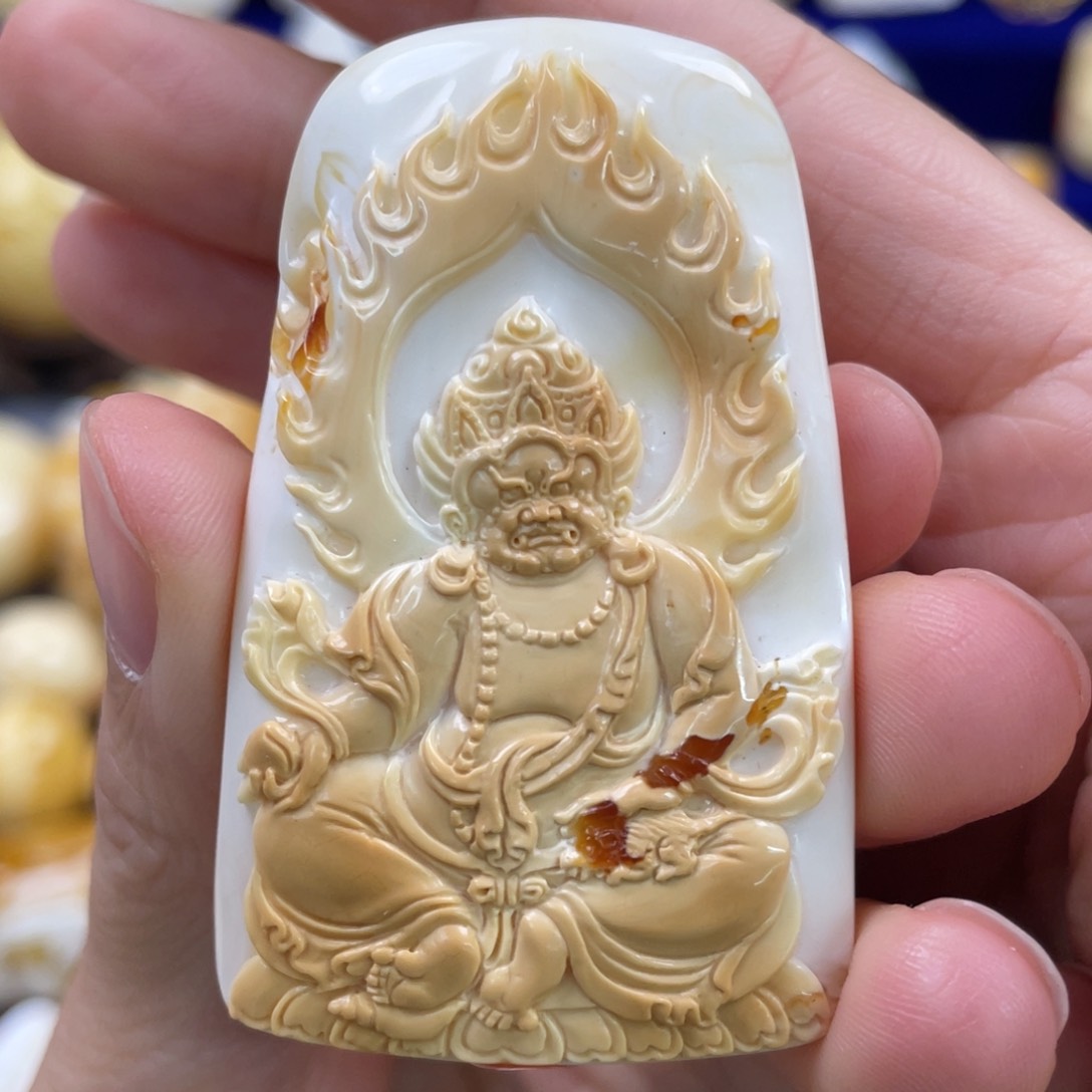 蜜蜡裸石未镶嵌琥珀蜜蜡黄财神吊坠