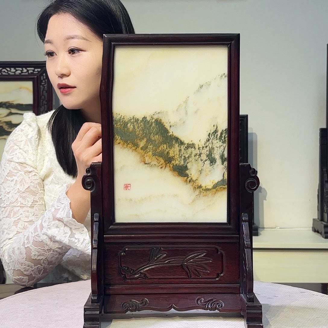 有机玻璃天然大理石画屏风摆件