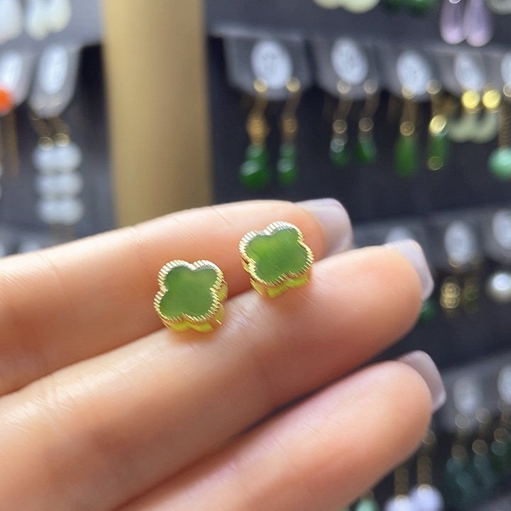 和田玉银S925镀金镶嵌耳饰