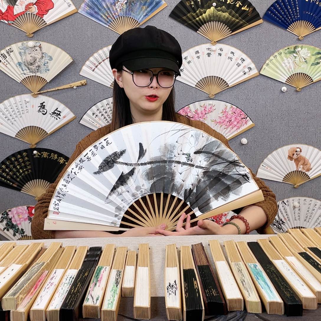 国画10寸玉竹-纯手绘-文玩扇骨（默认粘好）