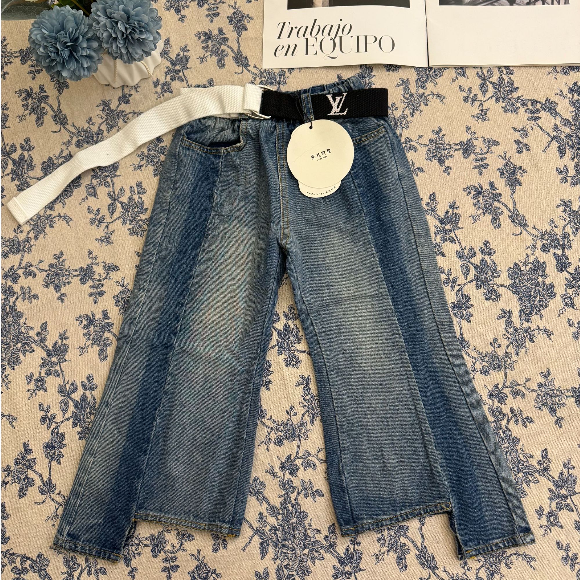 （赠送腰带）时尚女童阔腿裤春秋季百搭中大童牛仔裤韩版直筒高腰