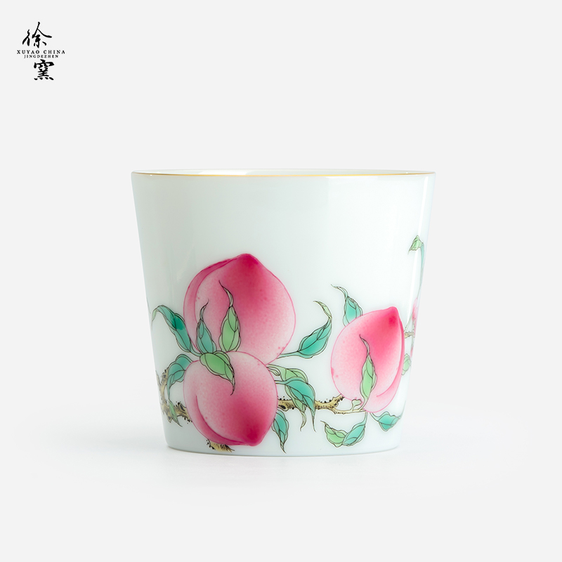 徐窑四桃开心杯 全手工景德镇手工粉彩茶杯品茗快乐杯
