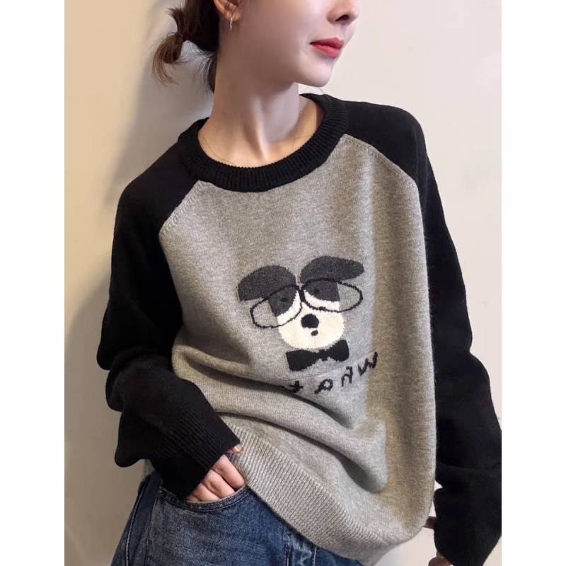 超好看百搭的韩系眼睛狗灰色针织套头