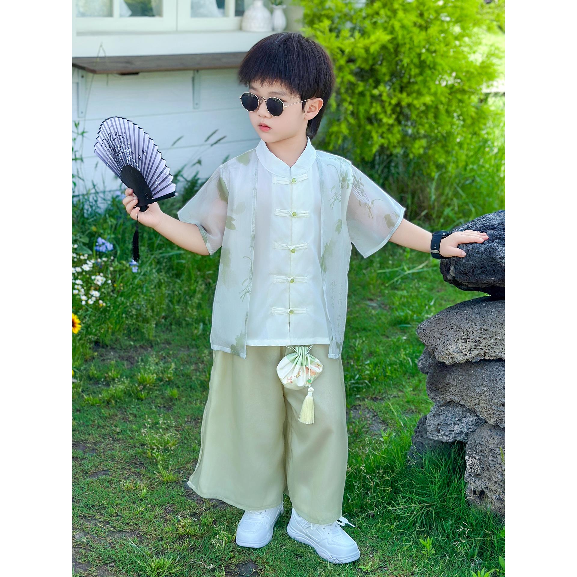 汉服男童日常可穿国风唐装夏季薄款套装儿童古装男宝中秋演出服装